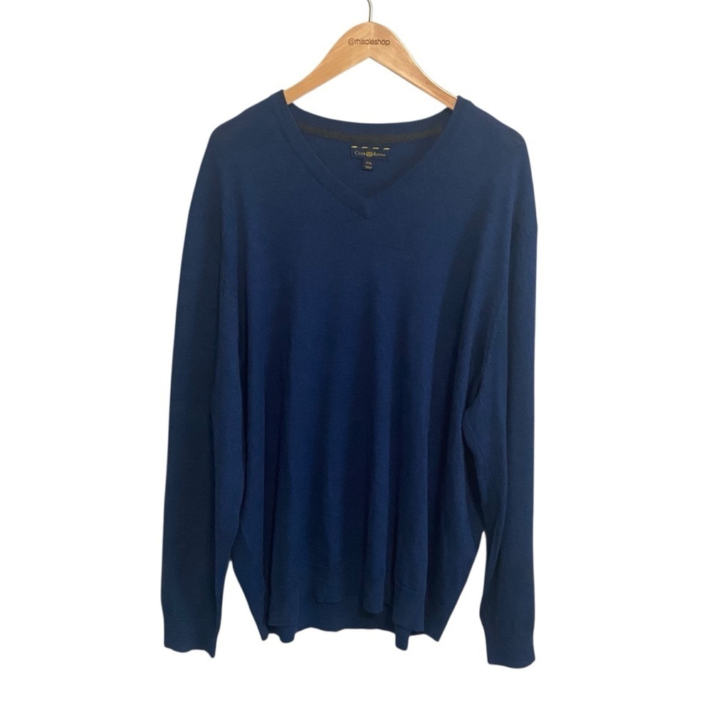 Club Room Blue Knit V Neck Long Sleeve Merino Wool Blend Sweater Size XXL